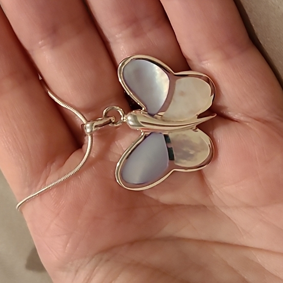 Girl Smiles Jewelry - Mother of pearl butterfly sterling silver necklace